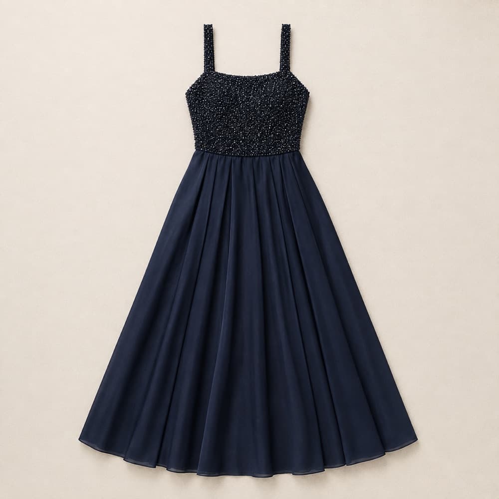 Beaded evening dress, laid flat and photographed from above.