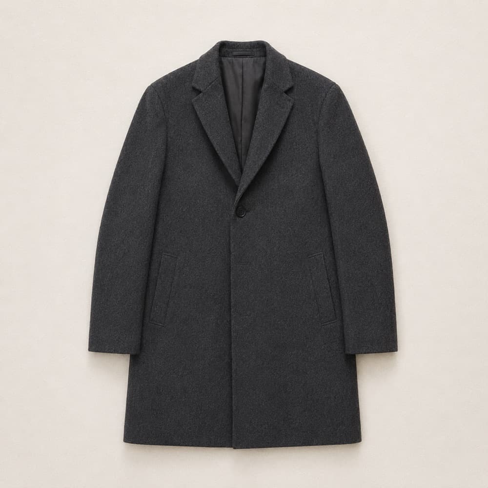 Tailored wool overcoat, laid flat and photographed from above.